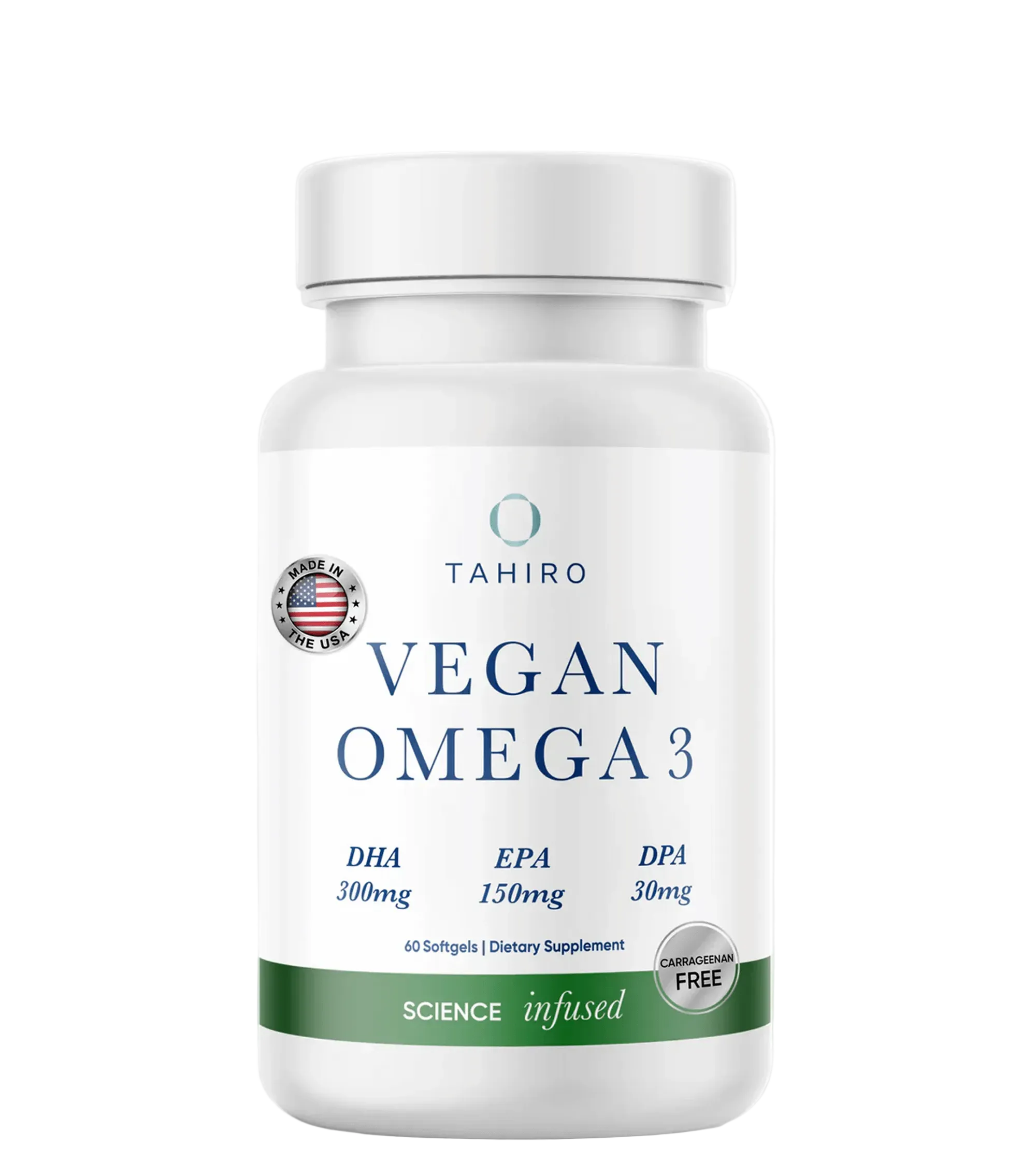 Tahiro Vegan Omega 3 supplement bottle on a white background