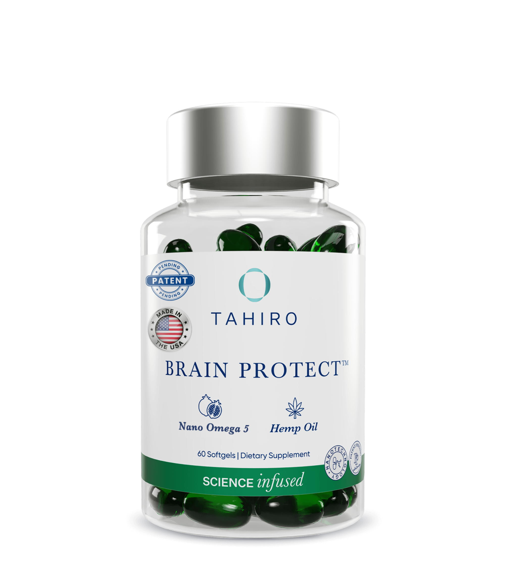 A bottle of Brain Protect™ Nano Omega 5 Hemp Oil supplements with the brand name TAHIRO at the top. The label includes a green and white color scheme with text detailing the product's benefits for cognitive health.