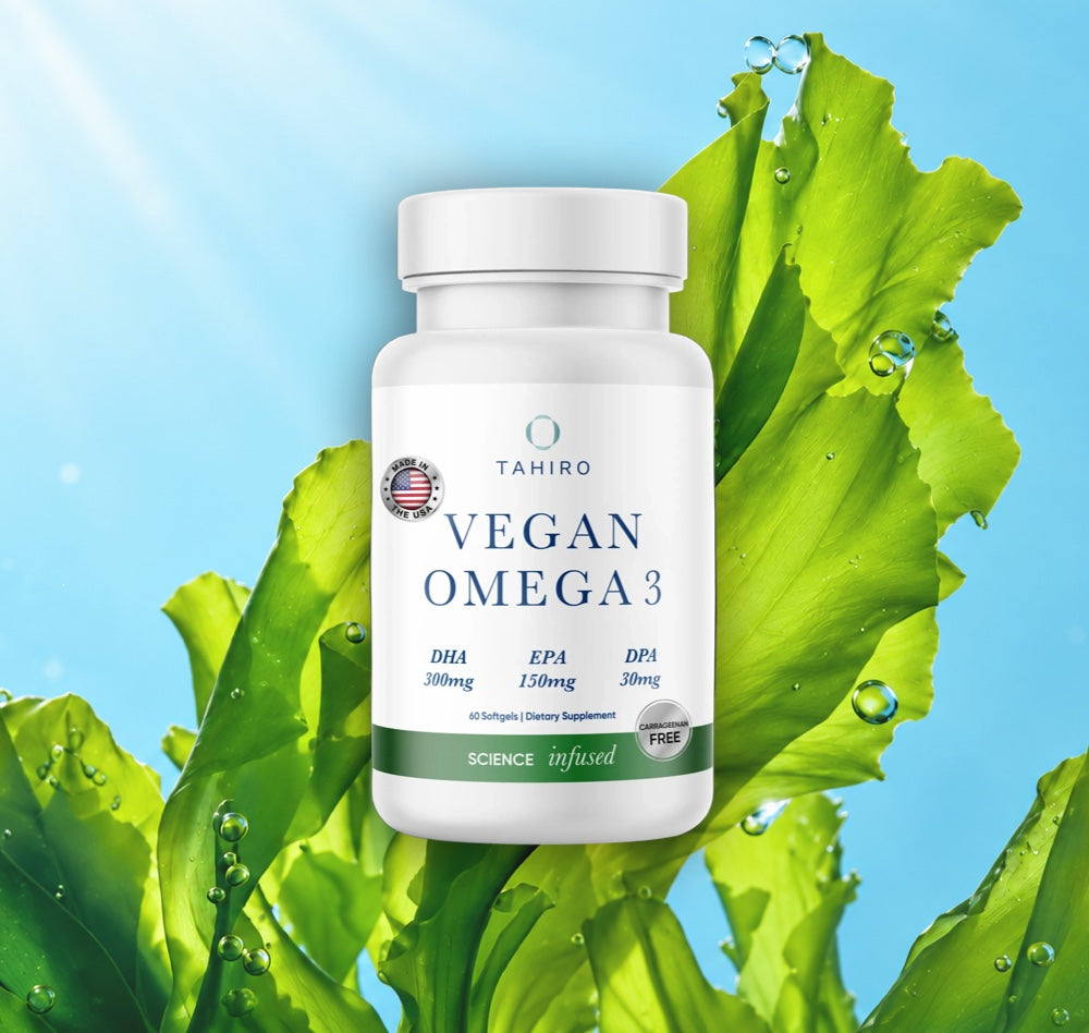 Tahiro Vegan Omega 3 bottle with fresh algae